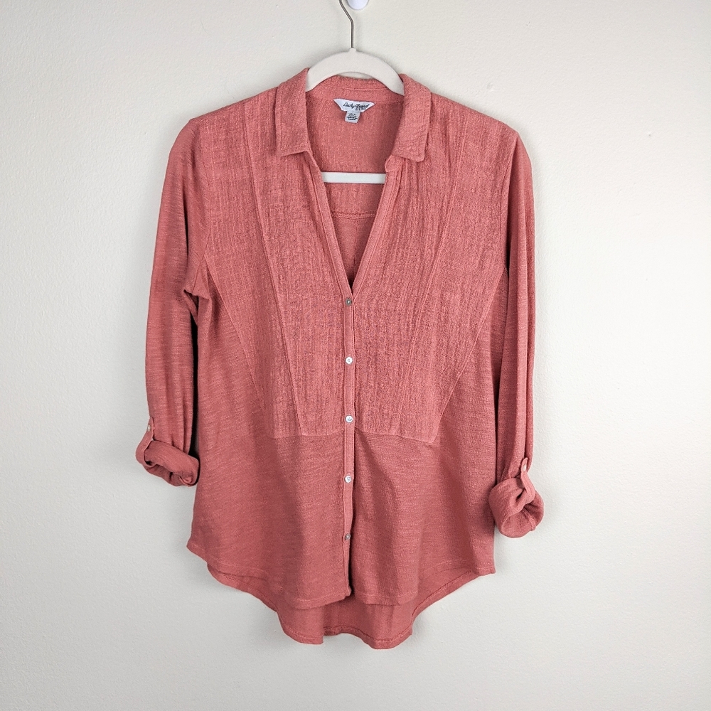 Lucky Brand Gauze Button Up V-neck Blouse